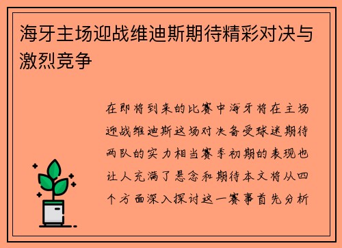 海牙主场迎战维迪斯期待精彩对决与激烈竞争